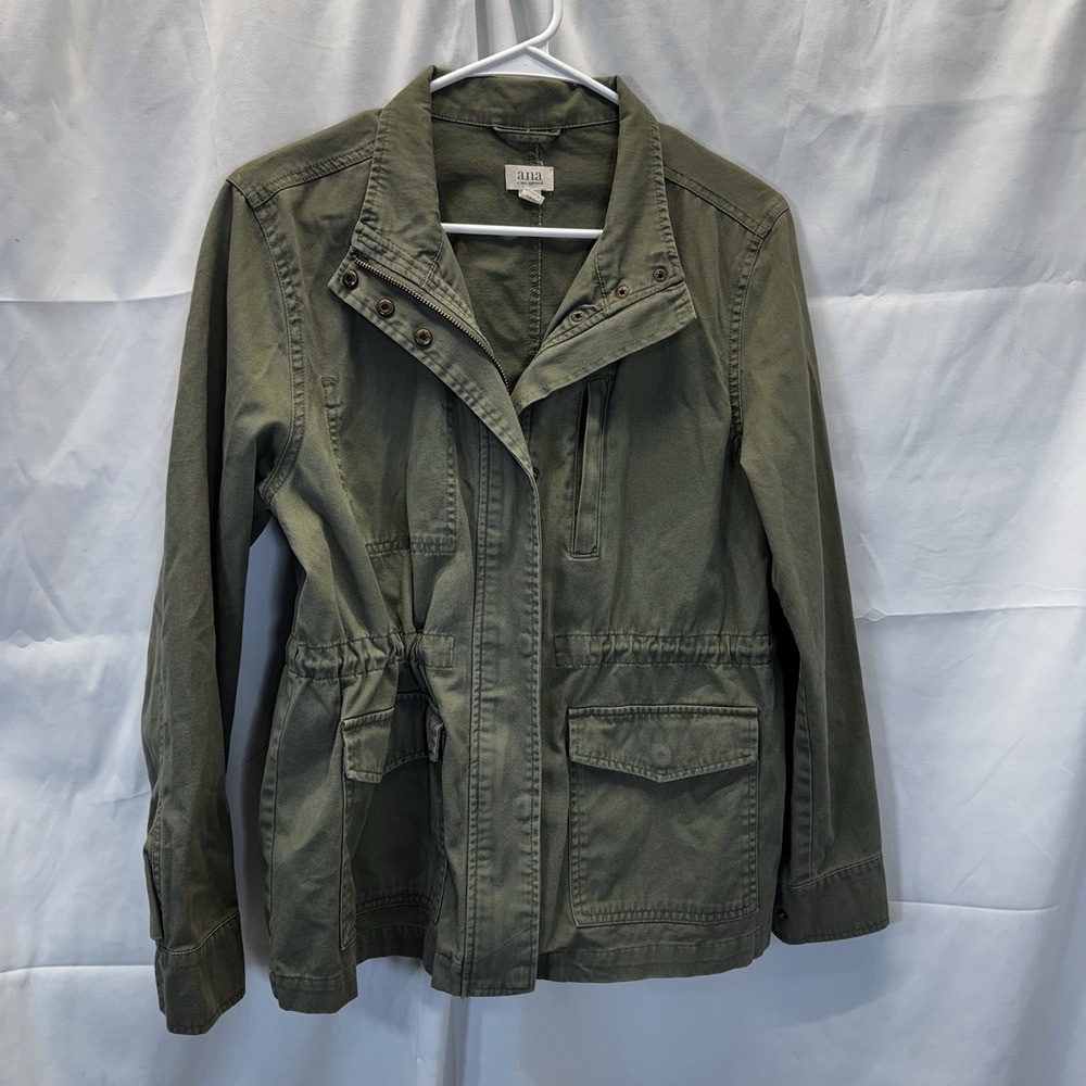 a.n.a. woman's Med military style jacket zip snap pockets drawstring waist Olive
